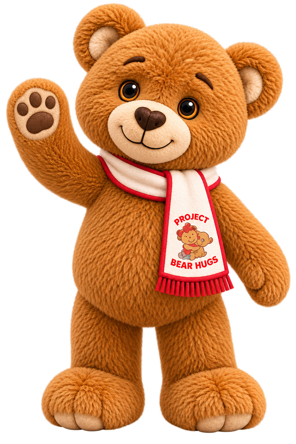 Teddy, the Project Bear Hugs bear, waving hello